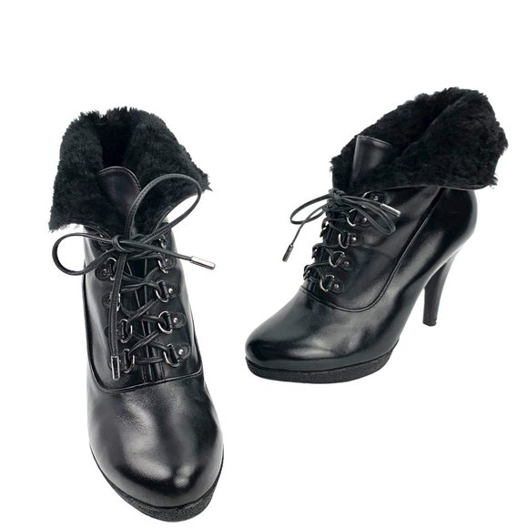 KENNETH COLE NY Mason‎ Black Leather Fold Over Faux Fur Booties - Picture 1 of 11